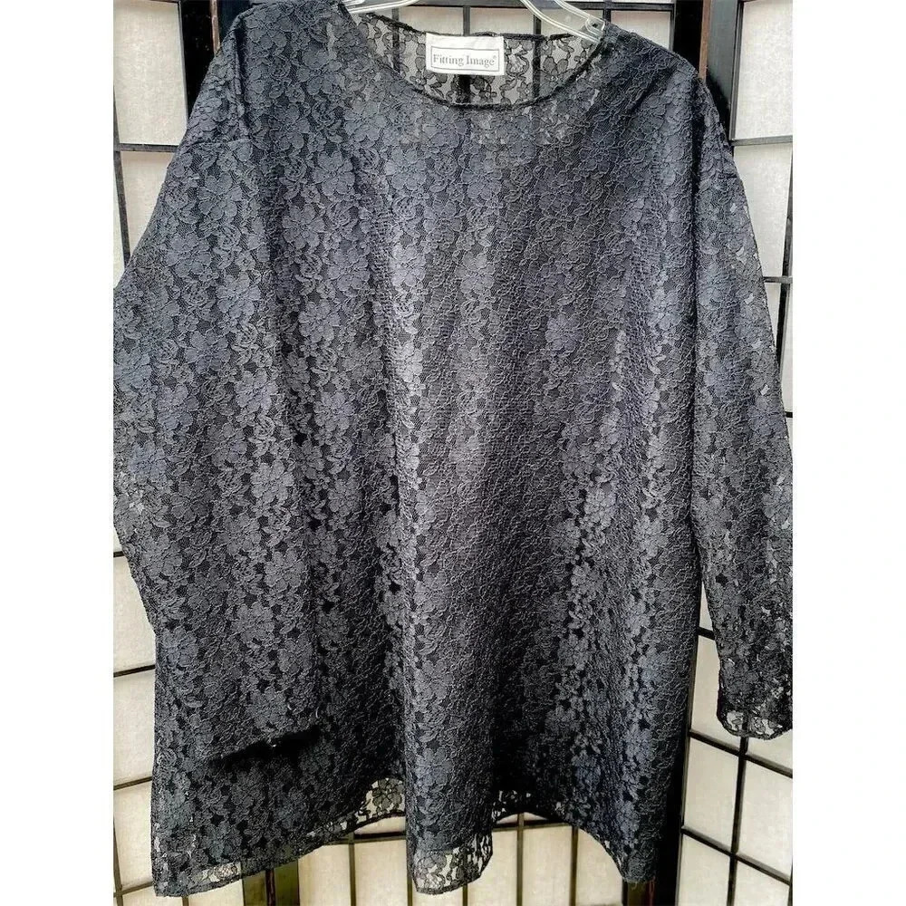 Fitting Image Women's Black Floral Lace Tunic plus size top shirt VTG